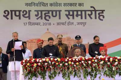 New Chief Minister of the state as Rajasthan Ashok Ghelot during the swearing-in ceremony as Governor Kalyan Singh looks on, at Albert Hall, in Jaipur