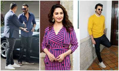 Total Dhamaal actors have kick-started promotions of their upcoming comedy film from Mumbai. Ajay Devgn, Madhuri Dixit and Anil Kapoor were papped as they arrived in a hotel for a promotional event.