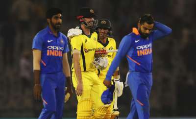 Australia rode a powerful batting effort to defeat India by four wickets in the fourth ODI and level the five-match series at 2-2 on Sunday.