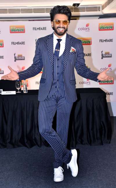 Ranveer Singh looked uber classy in his striped suit as he attended the Filmfare press conference