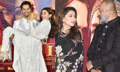 Alia Bhatt, Varun Dhawan, Madhuri Dixit, Sanjay Dutt, Sonakshi Sinha and Aditya Roy Kapur launched Kalank teaser on Tuesday in a grand launch event. During the launch event, Alia and Varun, who shared screens space in three films together, shared a candid moment with each other.&amp;nbsp;