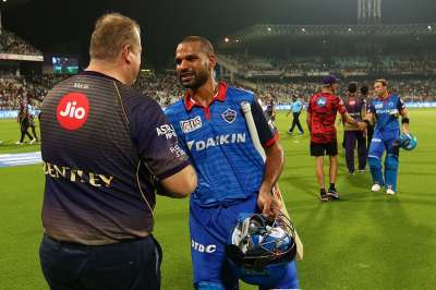 Shikhar Dhawan found form with a 63-ball 97 and powered Delhi Capitals to a seven-wicket win over Kolkata Knight Riders in the IPL here Friday, leaving two legends at the visiting dugout beaming.
