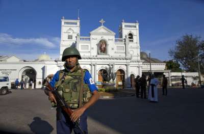 Sri Lankan air force officers stand outside St. Anthony's Shrine, a day after a blast in Colombo, Sri Lanka, Monday, April 22, 2019.&amp;nbsp;