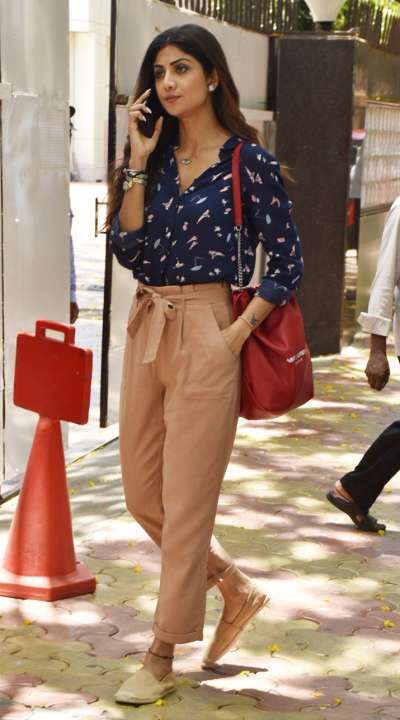 Shilpa Shetty steps out in casual shirt and tie-up pants along