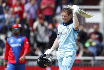 England captain Eoin Morgan smashed a world record 17 sixes in his blistering 71-ball-148 as the hosts crushed Afghanistan by 150 runs in a World Cup encounter.