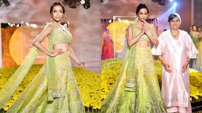 Malaika Arora looks stunning in a beautiful green lehenga as she walks the ramp for an ace designer