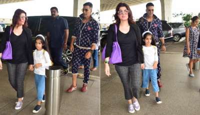 Akshay Kumar back at the airport with Twinkle Khanna and Nitara as their flight could not take off due to rains