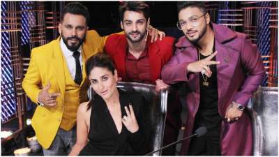 Kareena Kapoor Khan on the sets of Dance India Dance with judges Bosco and Raftaar along with the host Karan Wahi