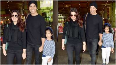 Bollywood actor Akshay Kumar was clicked at the Mumbai airport along with wife Twinkle Khanna and daughter Nitara.