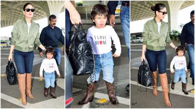 Bollywood actress Kareena Kapoor Khan and son Taimur Ali Khan were snapped at the Mumbai airport today.