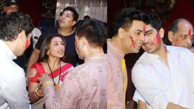 Rani Mukerji, filmmaker Karan Johar and director Ayan Mukerji marked the end of the 10-days festivities of Durga Puja with much zeal and enthusiasm. Have a look at the pictures.