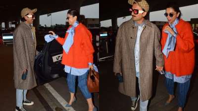 Actress Deepika Padukone who is celebrating her 34th birthday today was clicked at the airport with husband Ranveer Singh