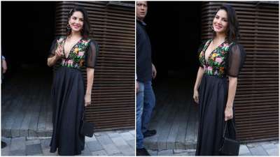 Sunny Leone was spotted on the streets of Mumbai today looking absolutely fantastic. The Bollywood actress looked chicer than ever in a black A-line dress which featured an embroidered yoke, plunging neckline and sheer sleeves.