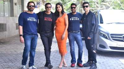 Director Rohit Shetty, Akshay Kumar, Katrina Kaif, Ajay Devgn and Karan Johar strike a pose together ahead of the trailer launch event