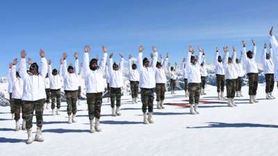 In Kashmir, soldiers perform yoga asanas and pranayam to celebrate International Yoga Day 2020.&amp;nbsp;