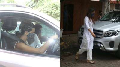 Rhea Chakraborty was seen with her friend Shibani Dandekar outside Farhan Akhtar's Mumbai residence on Sunday.