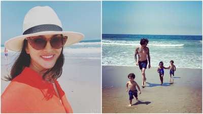 Bollywood actress Sunny Leone spent a day at the beach with her &quot;man&quot; Daniel Weber and her &quot;little nuggets&quot; -- Nisha, Noah and Asher.