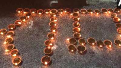 As the sun set on the horizons of Ayodhya in the backdrop of the mighty Saryu on Tuesday, a day before the scheduled bhoomi pujan for the Ram Mandir, people lit earthen lamps to celebrate their &quot;moment of joy&quot;.