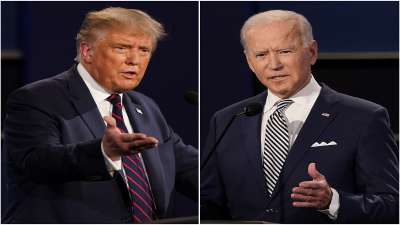 This combination of photos shows President Donald Trump, left, and former Vice President Joe Biden during the first presidential debate at Case Western University and Cleveland Clinic, in Cleveland, Ohio on Sept. 29, 2020.