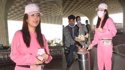 Shehnaaz Gill celebrates birthday with paparazzi at the airport | PHOTOS