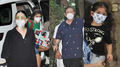 Karisma Kapoor with son Kiaan; Inaaya Naumi, Randhir Kapoor snapped outside Kareena Kapoor Khan house