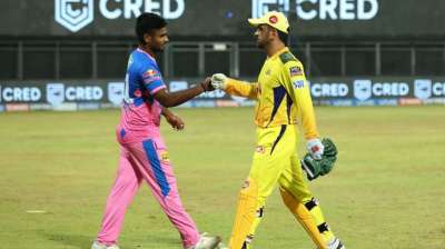 RR captain Sanju Samson shakes hand with CSK counterpart MS Dhoni after Chennai Super Kings defeated Rajasthan Royals by 45 runs in the 12th match of IPL 2021.