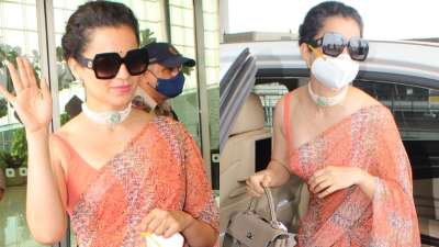 PICS: Kangana Ranaut leaves for Manali post covid recovery, looks royal in saree with her mask on