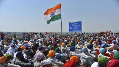 Farmers during Kisan Ekta Morcha to mark the 100th day of the ongoing protests against the new farm reform laws, at KMP Expressway near Kundli in Haryana.