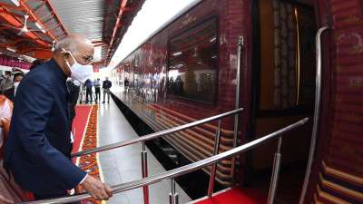 President Ram Nath Kovind boards a special train for Kanpur from Safdarjung railway station in New Delhi.