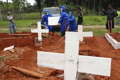 Workers in protective suits carry a coffin containing the body of a COVID-19 victim to a grave for a burial at Cipenjo cemetery in Bogor, West Java, Indonesia, Wednesday, July 14, 2021. The world's fourth most populous country has been hit hard by an explosion of COVID-19 cases that have strained hospitals on the main island of Java.(AP Photo/Achmad Ibrahim)
&amp;nbsp;