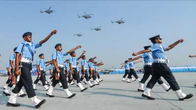 Indian Air Force personnel march during full dress rehearsals for 89th Air Force Day parade at Hindan Air Force base in Ghaziabad on Wednesday.