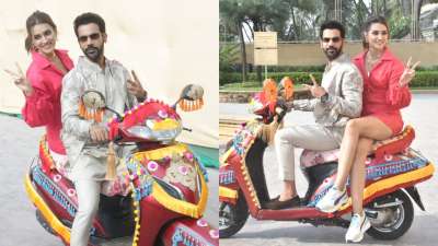 Hum Do Hamare Do: Kriti Sanon and Rajkummar Rao take joyful scooty ride during promotions; see pics