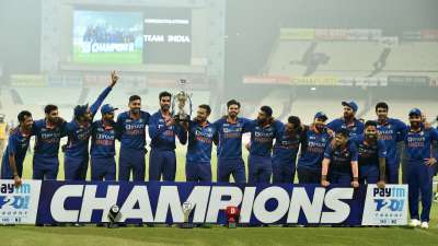 Players of India pose with the Series Trophy after winning 3-0 following the Third T20 International match between India and New Zealand at Eden Gardens on November 21, 2021 in Kolkata, India.&amp;nbsp;
&amp;nbsp;