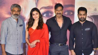 RRR Trailer launch: Alia Bhatt sizzles in red as she joins Ajay Devgn, Jr NTR &amp;amp; SS Rajamouli | PICS