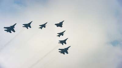 Indian Air Force fighter jets flypast during the Republic Day Parade 2022 in New Delhi on January 26, 2022.&amp;nbsp;
&amp;nbsp;