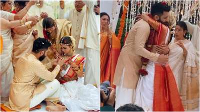 Mouni Roy and beau Suraj Nambiar wed in Goa on January 27. Their respective families took part in the celebrations as the 'Naagin' actress looked resplendant as a South Indian bride in heavy jewellery&amp;nbsp;