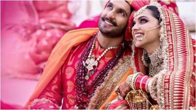 Here's a dreamy picture from the wedding day of Ranveer Singh and Deepika Padukone. They look blissed out during this moment from their destination wedding in Lake Como, Italy. Deepika made for a stunning bride in a Sabyasachi outfit.&amp;nbsp;