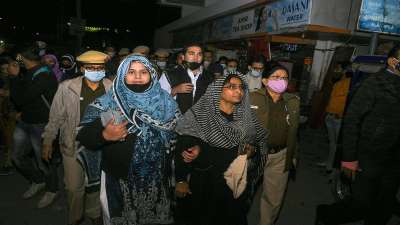 Muslim women during a protest in support of wearing hijab in educational institutions, at Shaheen Bagh in New Delhi on Feb 10.&amp;nbsp;