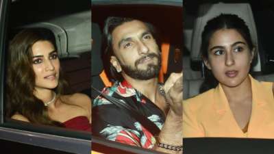 Kriti Sanon, Ranveer Singh and Sara Ali Khan papped on Sunday as they arrive at Karan Johar's house for a star-studded bash.&amp;nbsp;