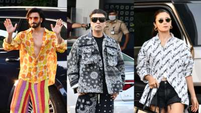 Alia Bhatt, Ranveer Singh, and Karan Johar were snapped by the paparazzi at the Mumbai airport as they jetted off to complete the shooting schedule of the upcoming film 'Rocky Aur Rani Ki Prem Kahani.'