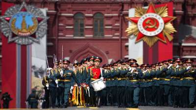 Russian Army orchestra march after the Victory Day military parade in Moscow, Russia