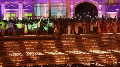 Ram Ki Paidi illuminated with earthen lamps during Deepotsav celebrations, on the eve of the Diwali festival in Ayodhya. 