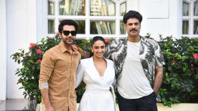 Rajkummar Rao, Akansha Ranjan Kapoor, and Sikandar Kher were captured together as they are on a promotion spree for their upcoming film, Netflix&rsquo;s &lsquo;Monica O My Darling&rsquo;.