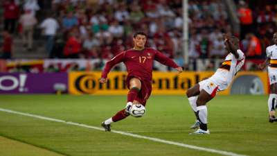 Cristiano Ronaldo played his first World Cup in 2006. He participated in this tournament wearing the jersey number 17. He scored his first career World Cup goal against Iran by converting a penalty in the 80th minute. This goal made him the youngest Portuguese to score at the age of 21 years 132 days. Ronaldo scored only one goal in this World Cup.