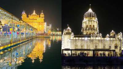 Illuminated Golden Temple and Gurudwara Bangla Sahib on Guru Nanak Jayanti 