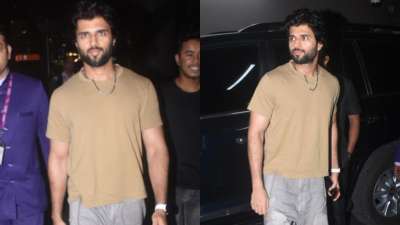 For the airport look, Vijay Deverakonda opted for a brown T-shirt which he paired with grey trousers as his off-duty look. 