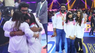 After Jaipur Pink Panthers was declared the winner, Abhishek Bachchan is seen hugging Aishwarya Rai and Aaradhya.

