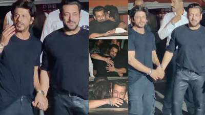 On Salman Khan's 57th birthday, Shah Rukh Khan joined him for the bash and the duo was seen having a great time together. They shared a warm hug and also posed for the paps outside the party venue.
