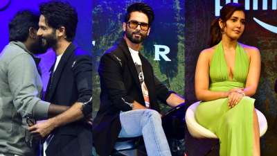 At the trailer launch of the upcoming web series Farzi, Shahid Kapoor arrived in style on a motorbike, Raashii Khanna looked stunning in a halter neck dress and Vijay Sethupathi also greeted the fans