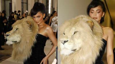 Kylie Jenner walked at the Schiaparelli Haute Couture Show at Paris Fashion Week in a black gown and carried a lifelike lion&rsquo;s head on her shoulders.